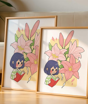 Illustration d'une fille lisant avec de grands lys roses en arrière-plan