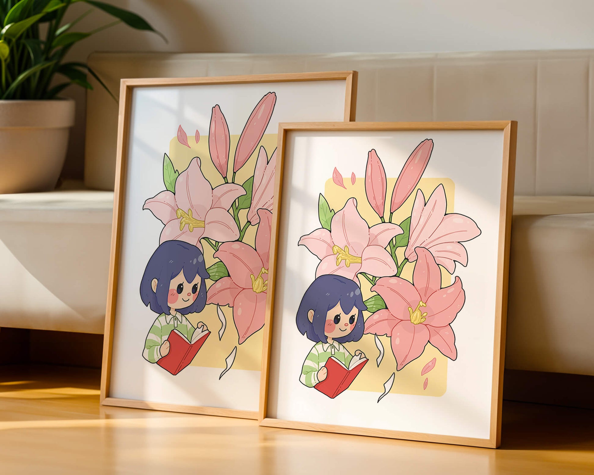 Illustration of a girl reading with large pink lilies in the background