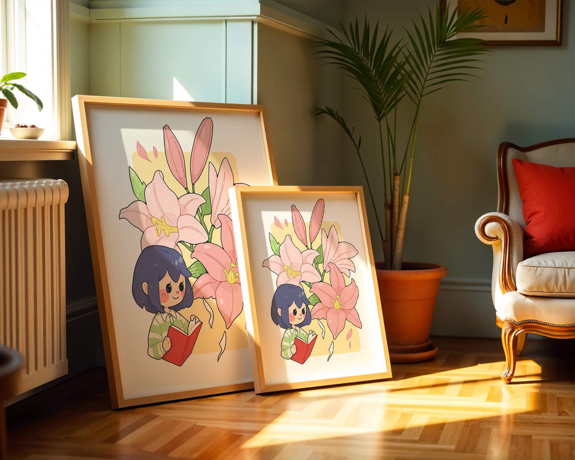 Illustration of a girl reading with large pink lilies in the background