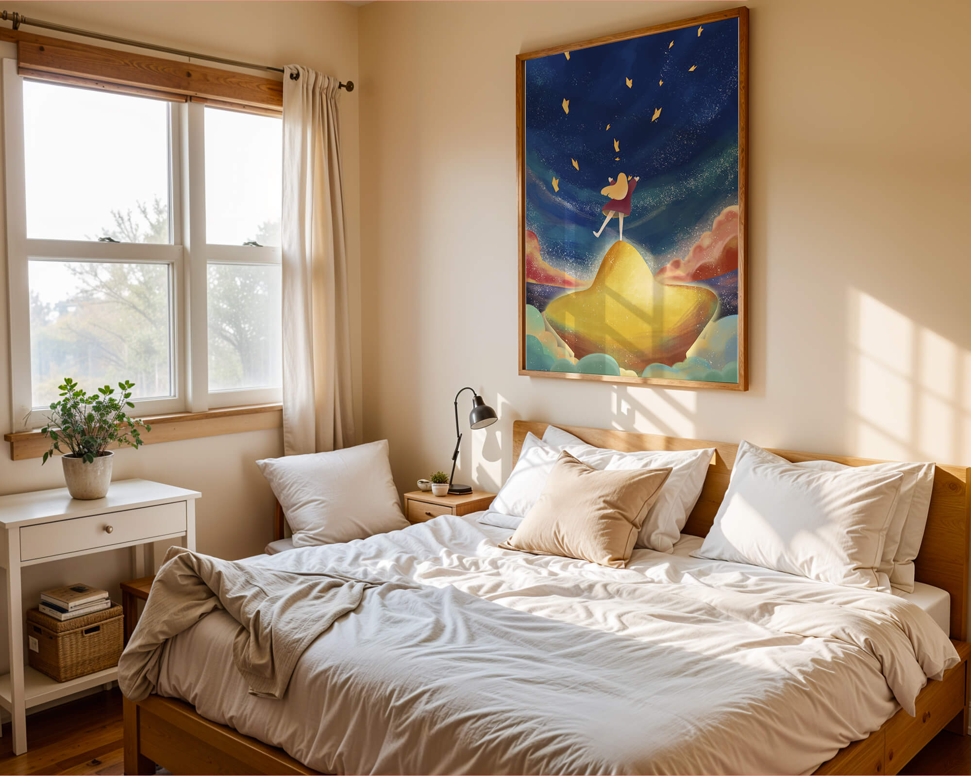 Girl standing on a golden hill reaching for stars in a dreamy night sky