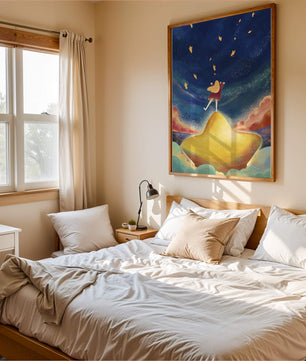 Girl standing on a golden hill reaching for stars in a dreamy night sky
