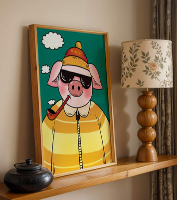 Stylish pig with sunglasses and pipe against a teal sky