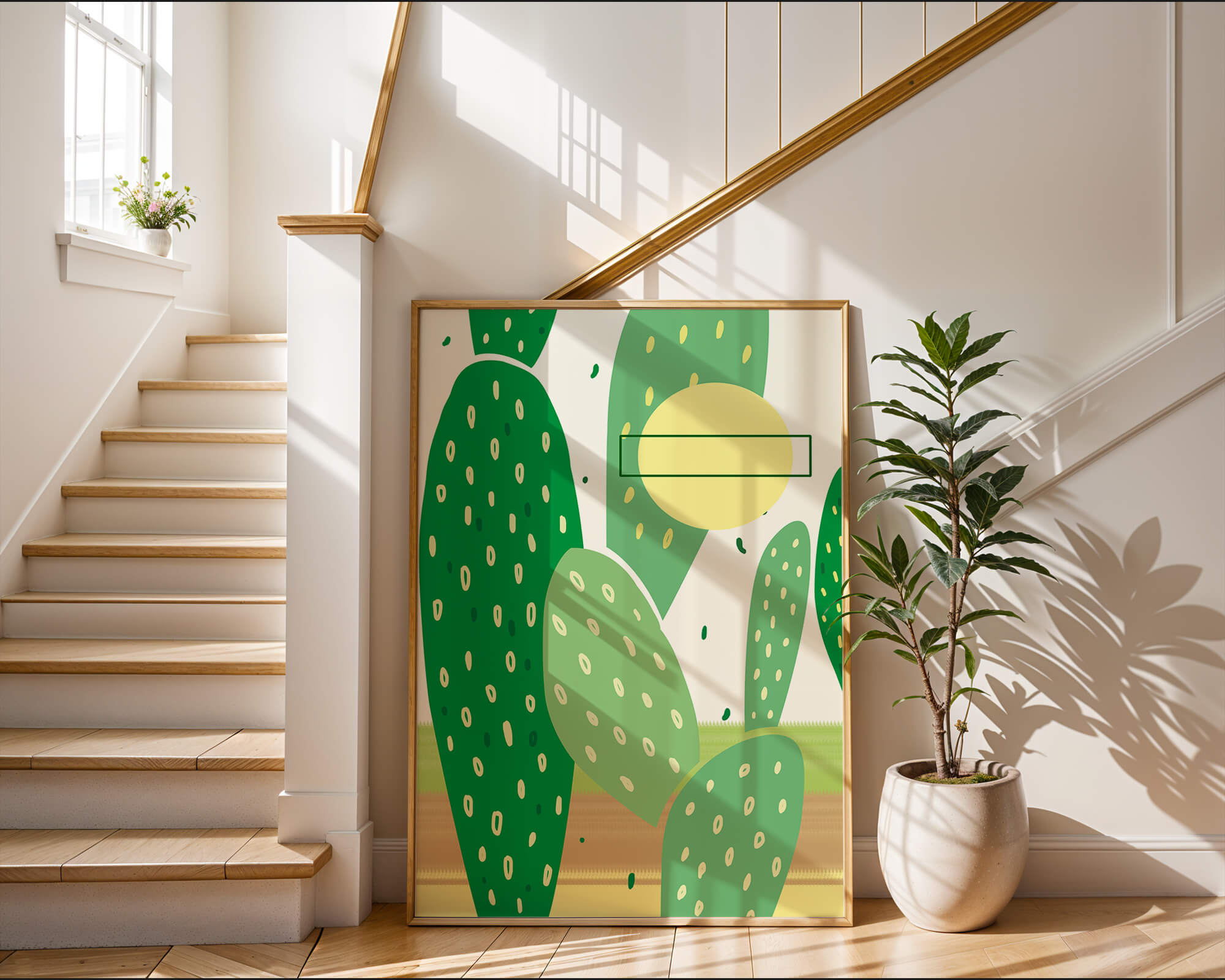Abstract cactus art with green and yellow elements