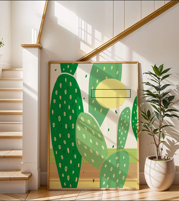 Abstract cactus art with green and yellow elements