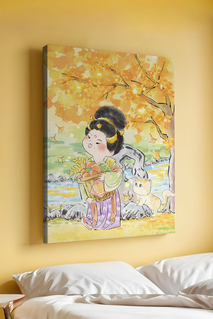 Charming watercolor scene of girl with basket in autumn setting