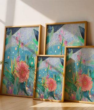 Kunst abstrak bunga yang berwarna-warni dengan bunga dan daun yang cerah