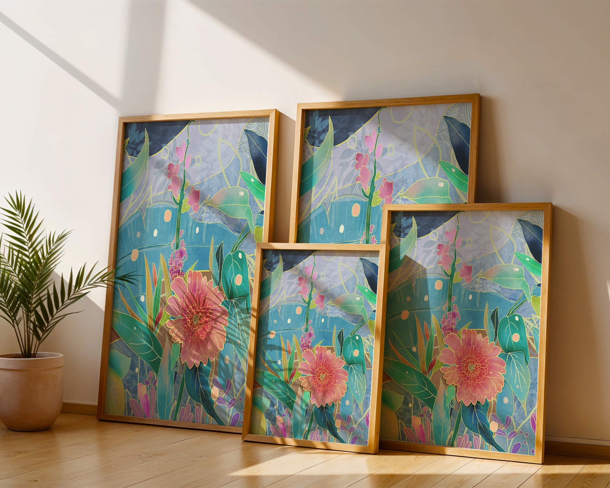 Kunst abstrak bunga yang berwarna-warni dengan bunga dan daun yang cerah