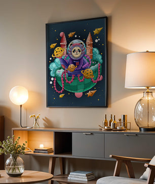 Whimsical space panda illustration with planets and stars