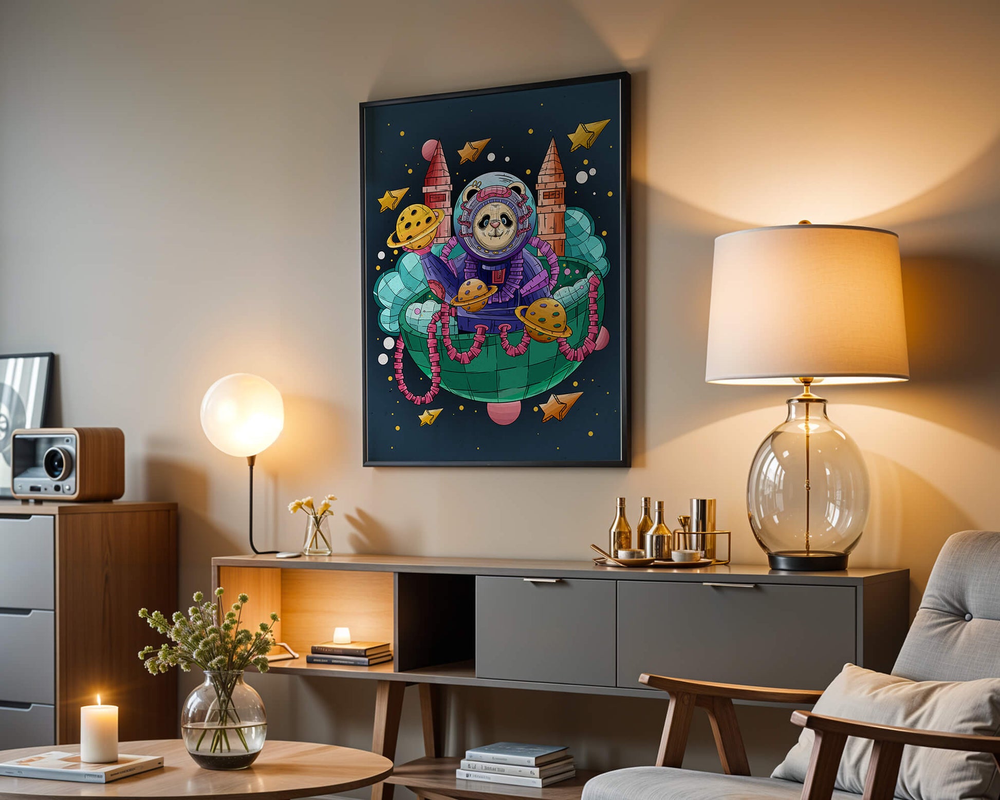 Whimsical space panda illustration with planets and stars