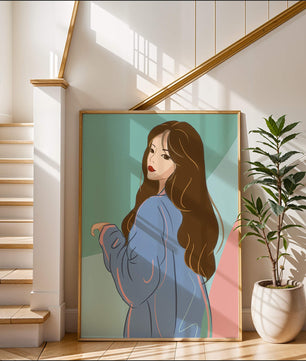 Stylish woman illustration with long hair in pastel shades