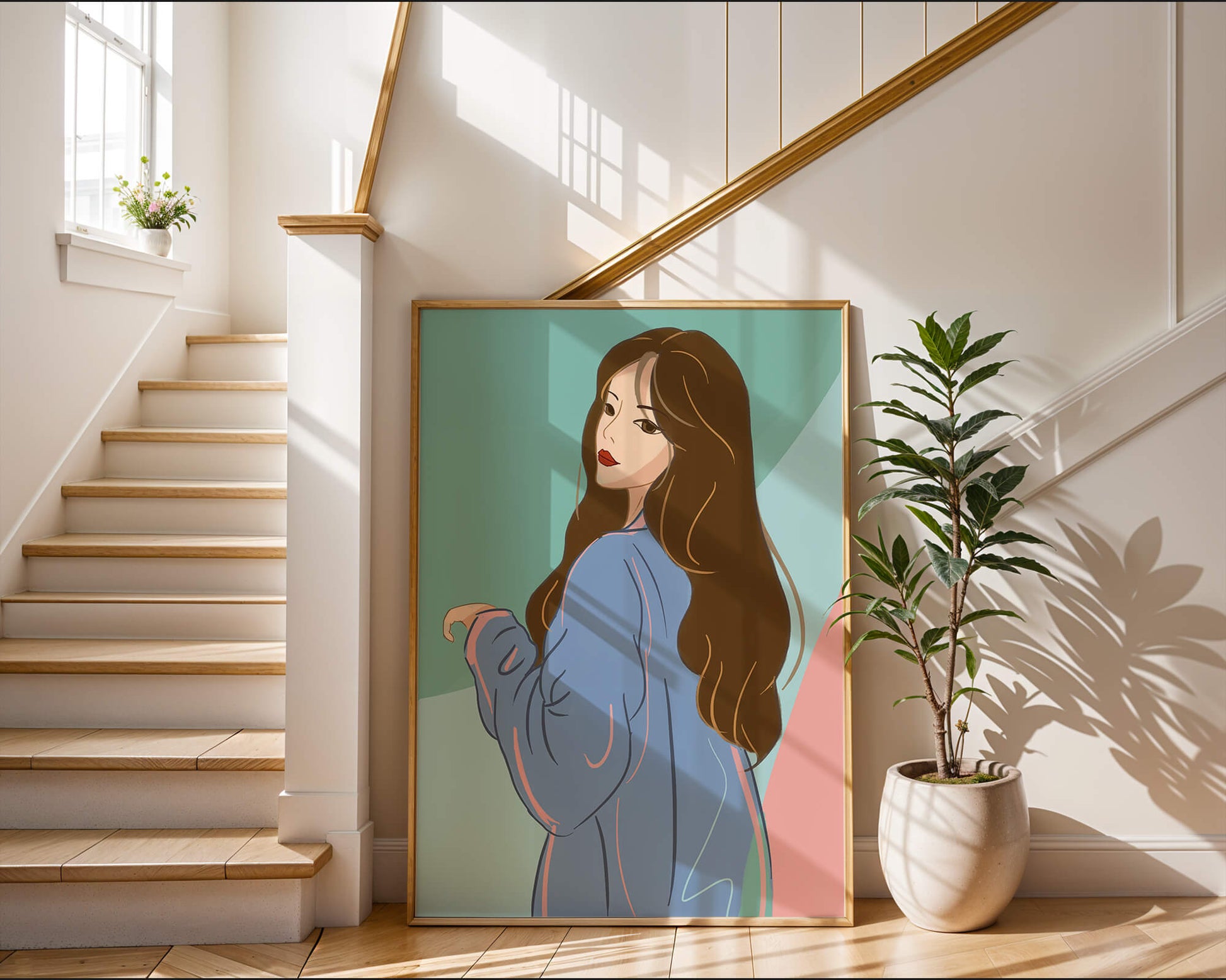 Stylish woman illustration with long hair in pastel shades