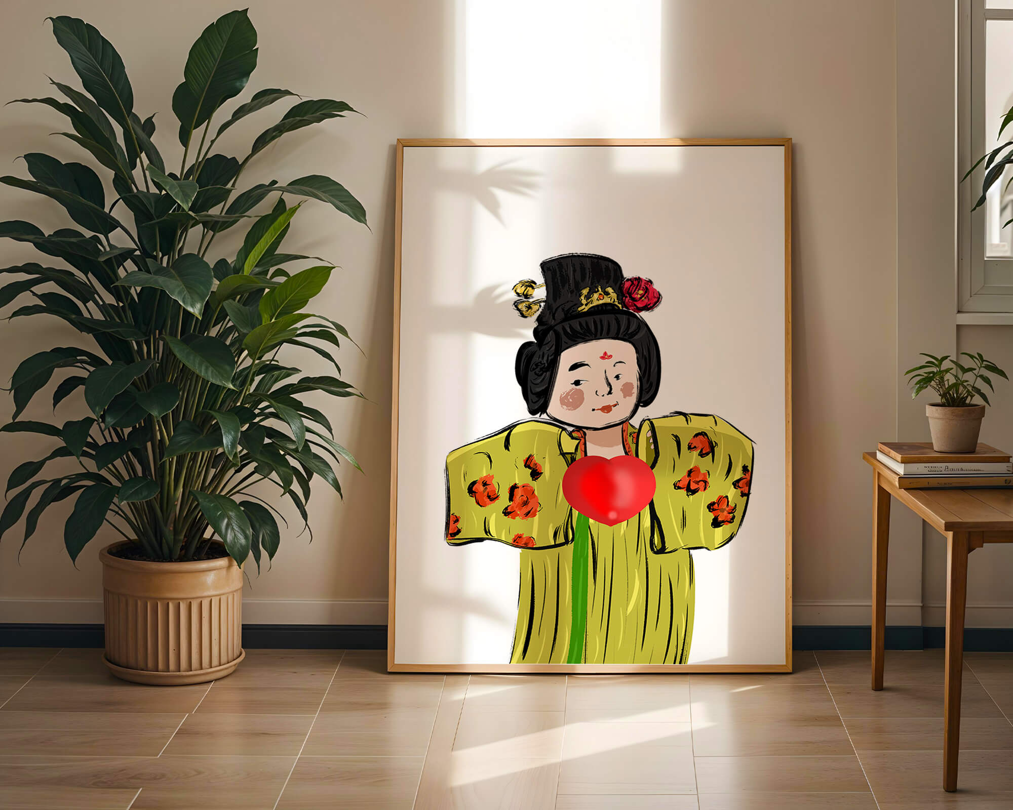 Illustration of a traditional figure in vibrant attire with a heart symbol