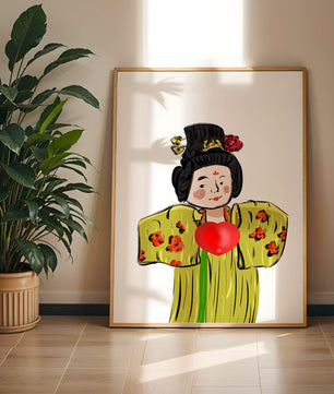 Ilustración de una figura tradicional con atuendo vibrante y un símbolo de corazón