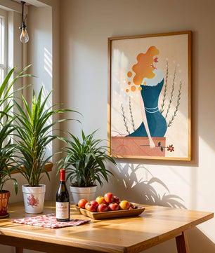Woman with Floral Decor and Flowing Hair in Minimalist Art - Mi tienda