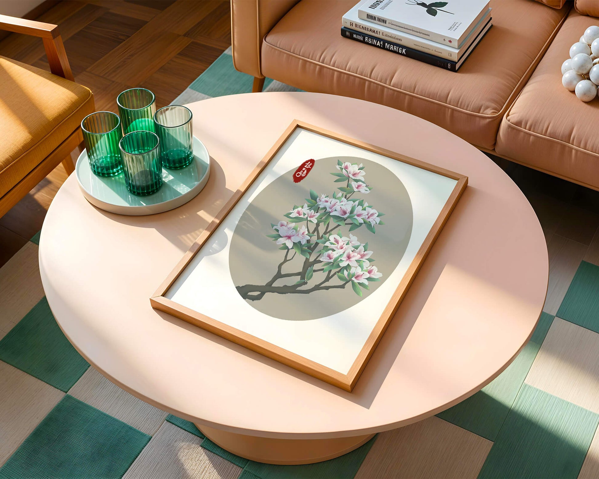 Obra floral delicada con magnolias en flor en estilo oriental