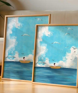 Peaceful seascape illustration with a boat and birds