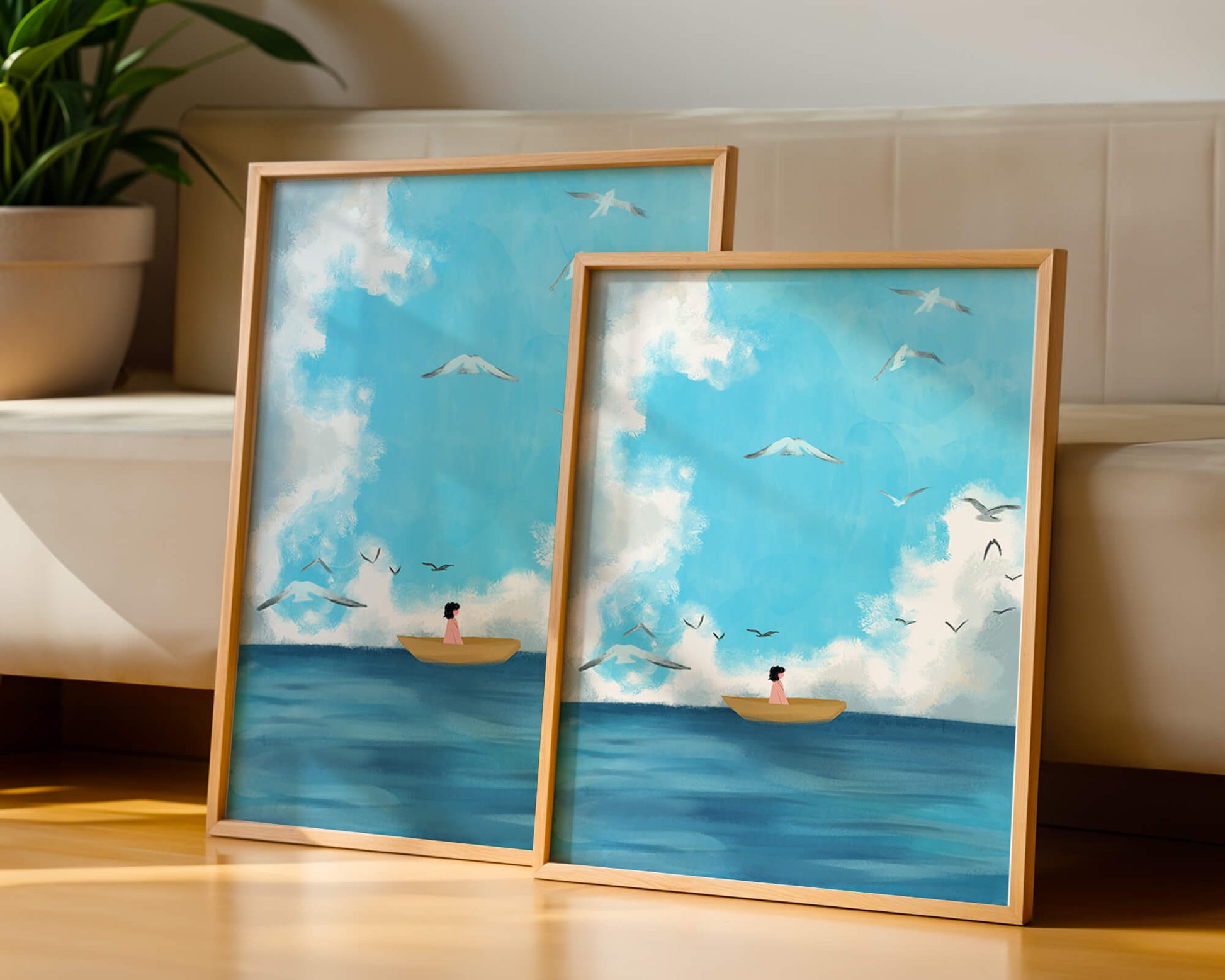 Peaceful seascape illustration with a boat and birds