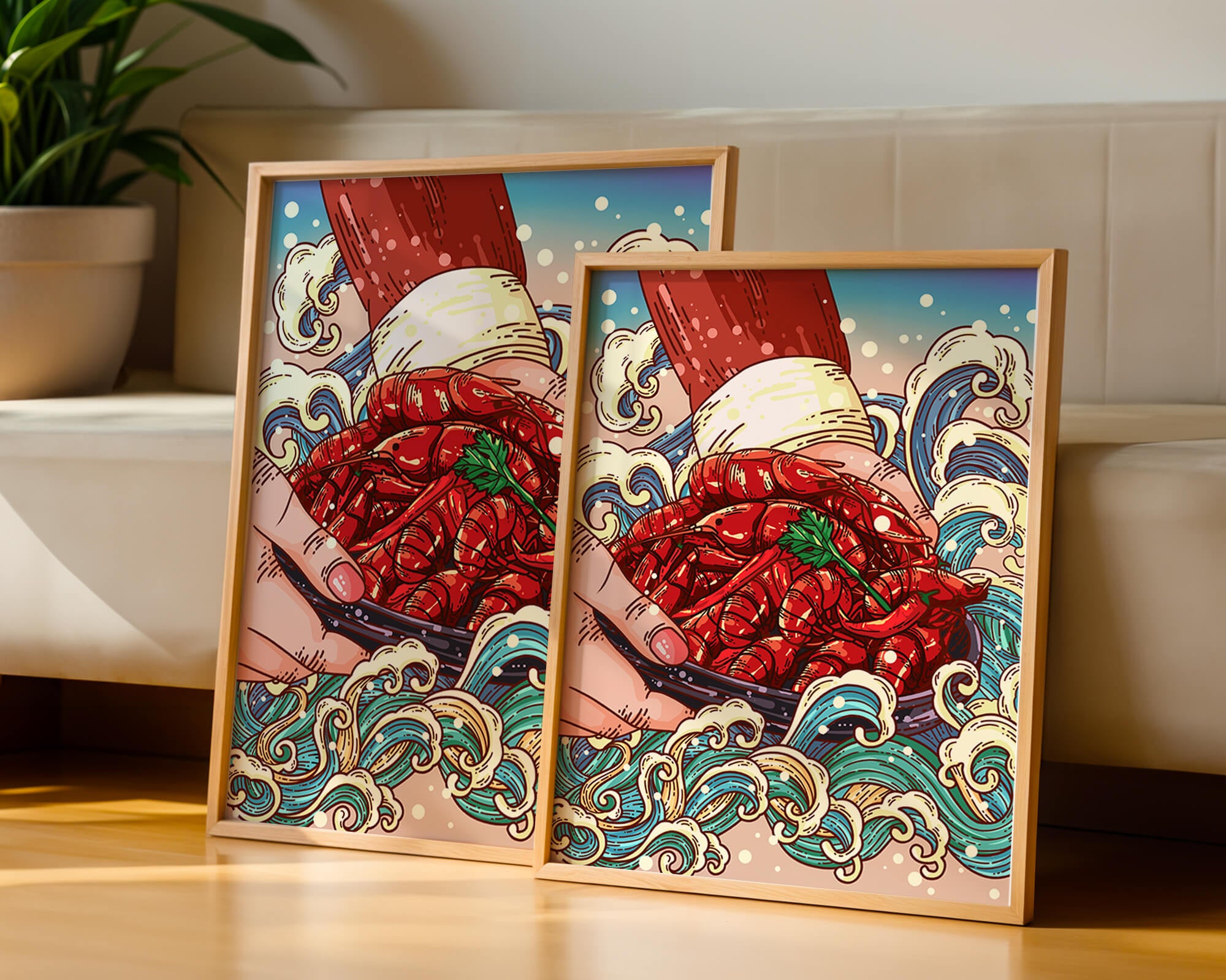Colorful Cartoon Illustration of Hand Holding Crawfish Over Decorative Waves