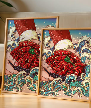 Colorful Cartoon Illustration of Hand Holding Crawfish Over Decorative Waves