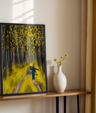 Man Walking Through a Sunny Forest with Golden Leaves