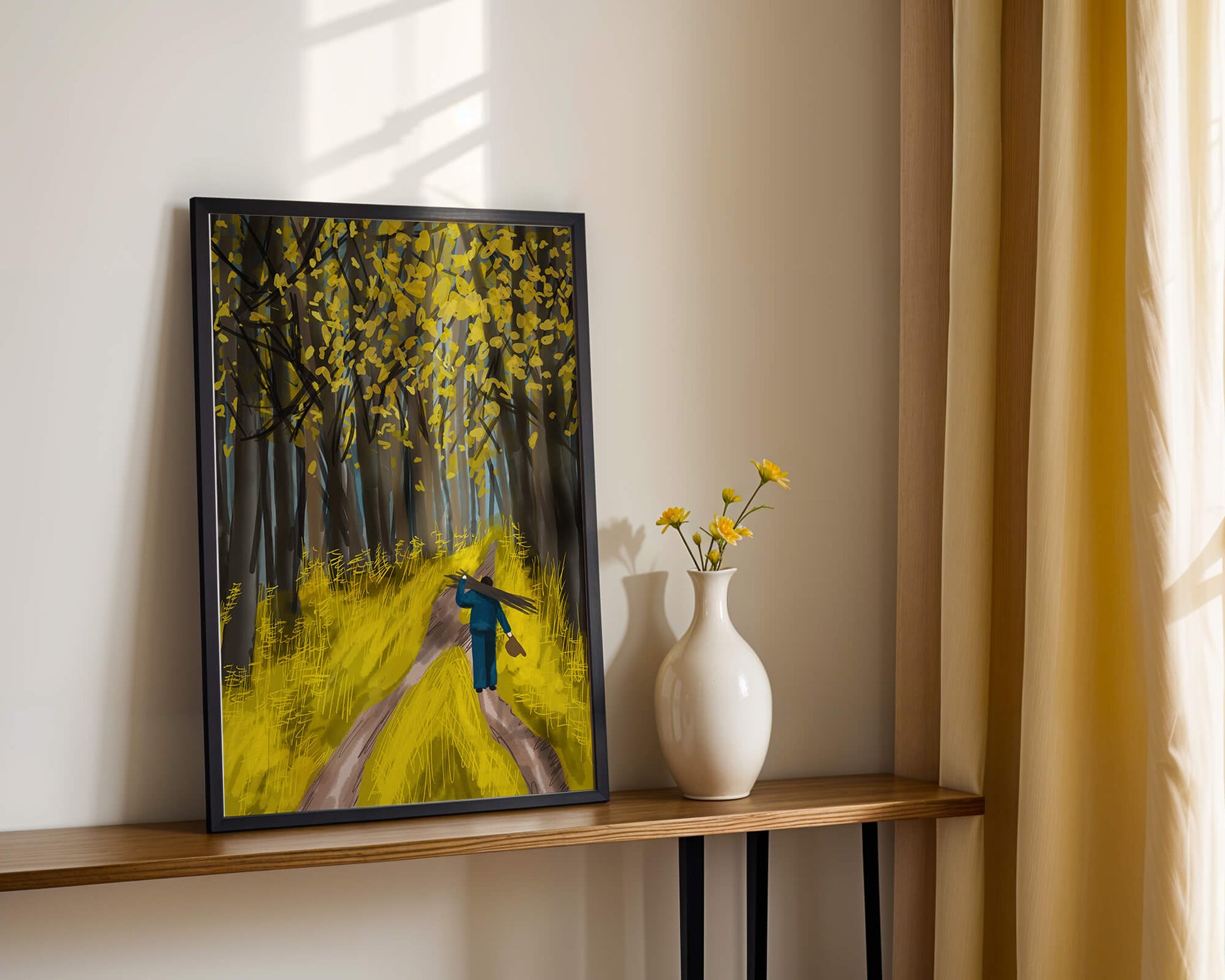 Man Walking Through a Sunny Forest with Golden Leaves