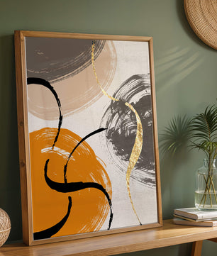 Abstract Art with Orange, Black, and Gold Brushstrokes - Mi tienda