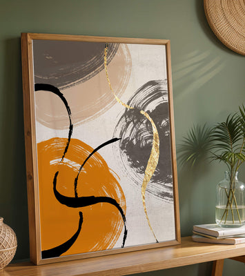 Abstract Art with Orange, Black, and Gold Brushstrokes