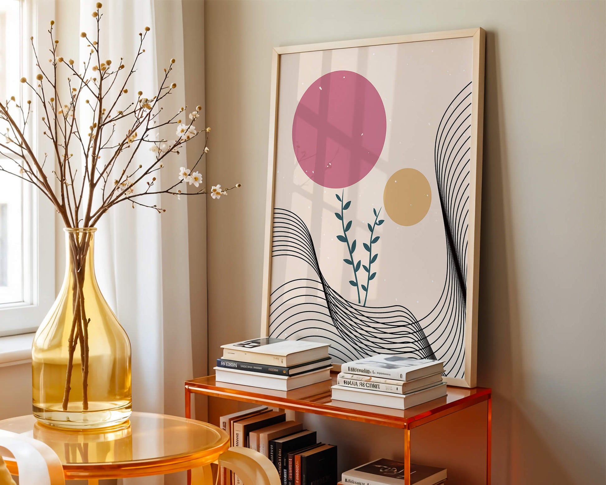 Composition florale abstraite avec des cercles roses et orange sur fond minimaliste