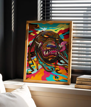 Cabeza de león abstracta y colorida con remolinos vibrantes
