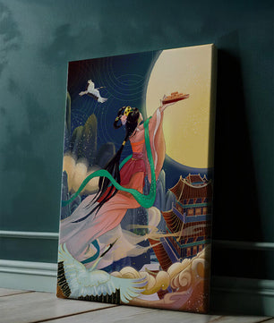 Oriental Fantasy Scene with Woman Offering Gift to the Moon