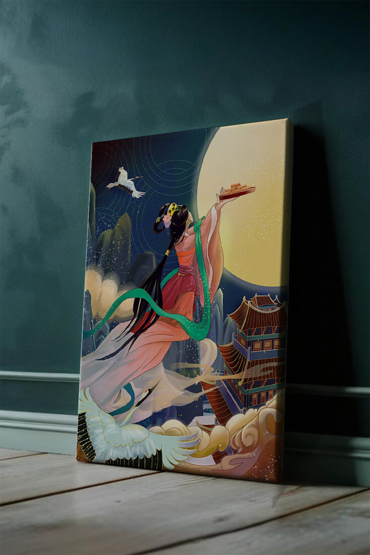 Oriental Fantasy Scene with Woman Offering Gift to the Moon
