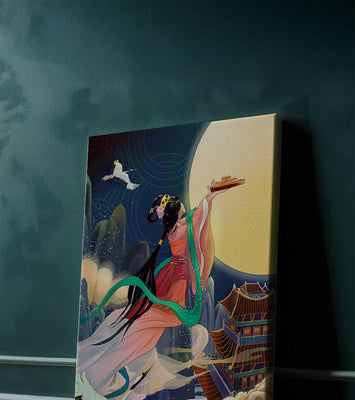 Oriental Fantasy Scene with Woman Offering Gift to the Moon