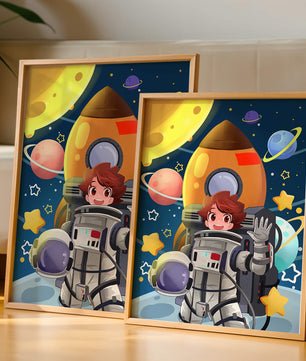 Young Astronaut with Rocket and Planets in Space Adventure