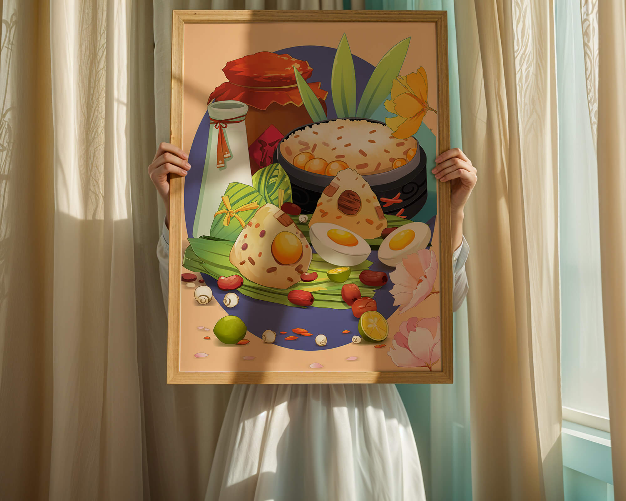 Traditional Asian culinary still life with rice and eggs