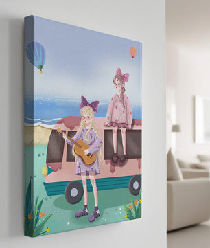 Serene beach scene with whimsical characters and hot air balloons