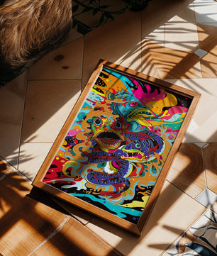 Arte abstracto de peces coloridos con elementos vibrantes