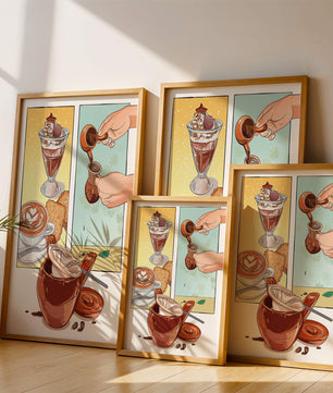 Ilustración artística de café y postre con detalles dorados