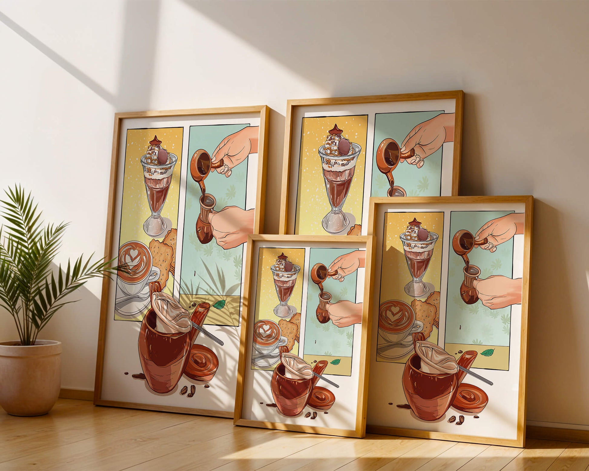 Ilustración artística de café y postre con detalles dorados