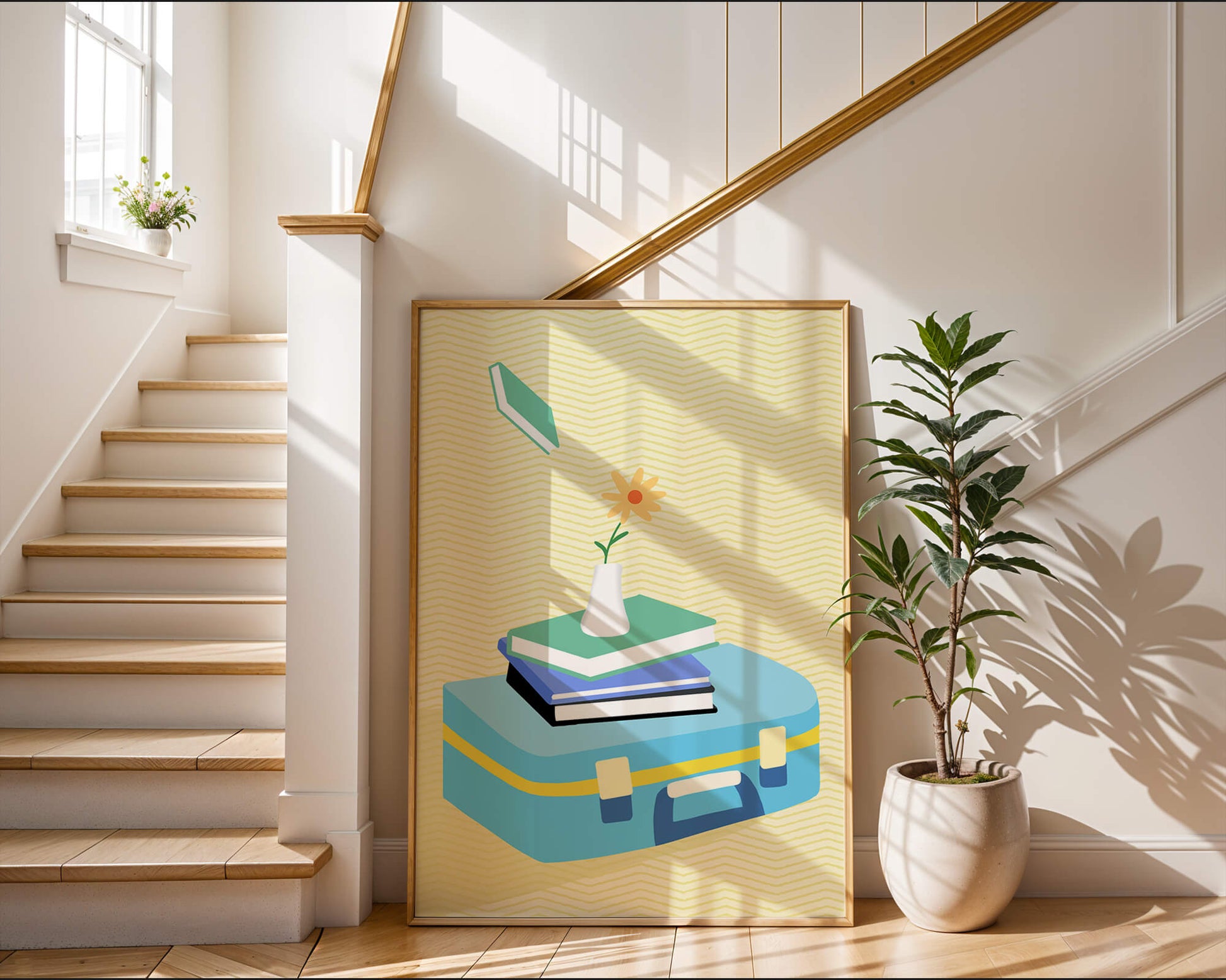 Colorful still life with books, flower vase, and suitcase