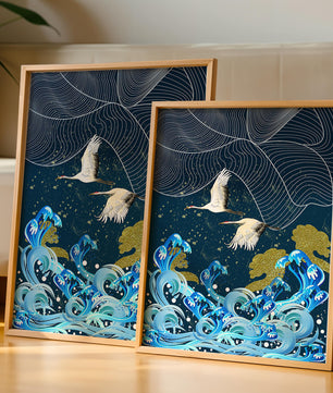 Grullas elegantes volando sobre olas doradas y un océano artístico