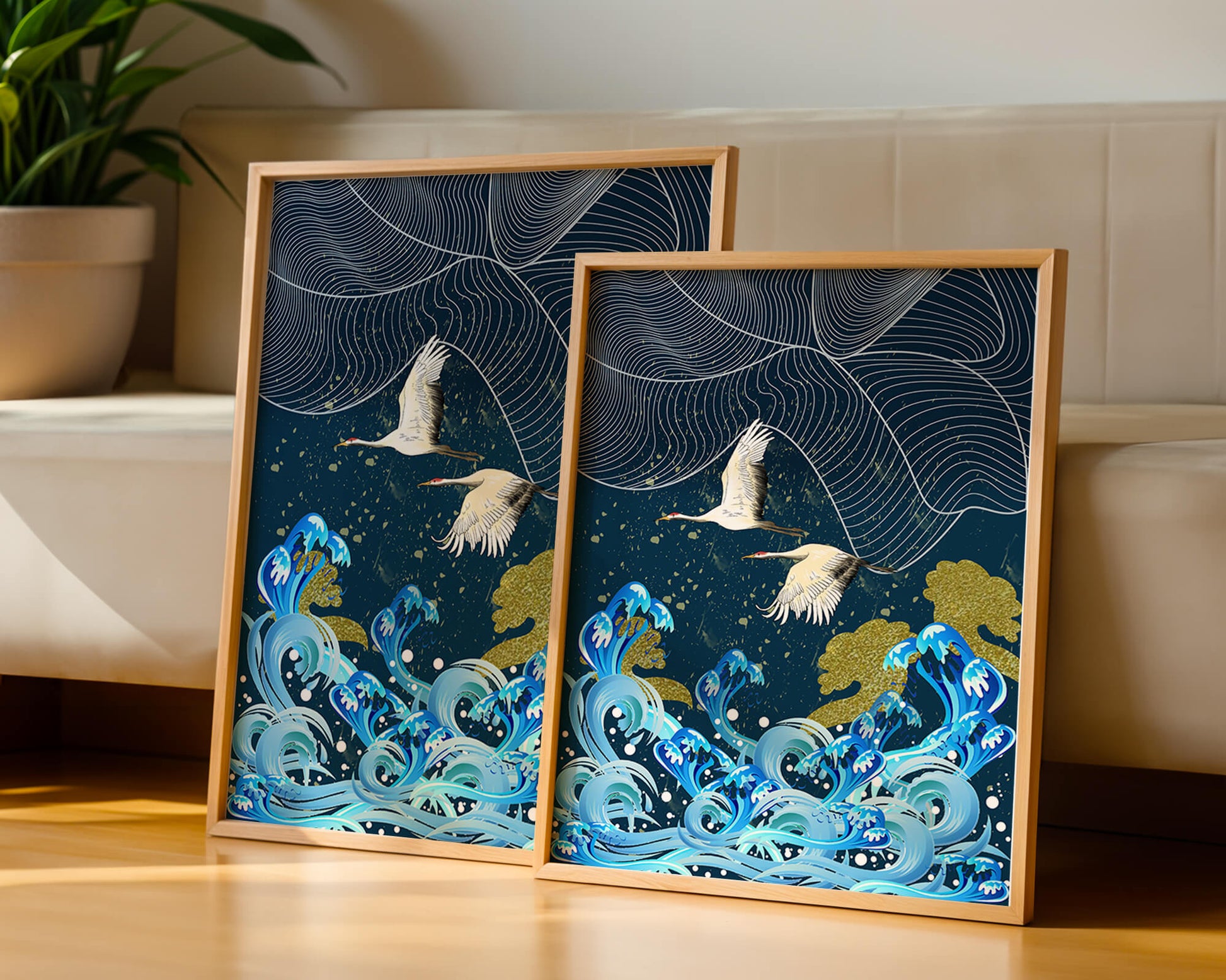 Elegant Cranes Flying Over Golden Waves and Artistic Ocean