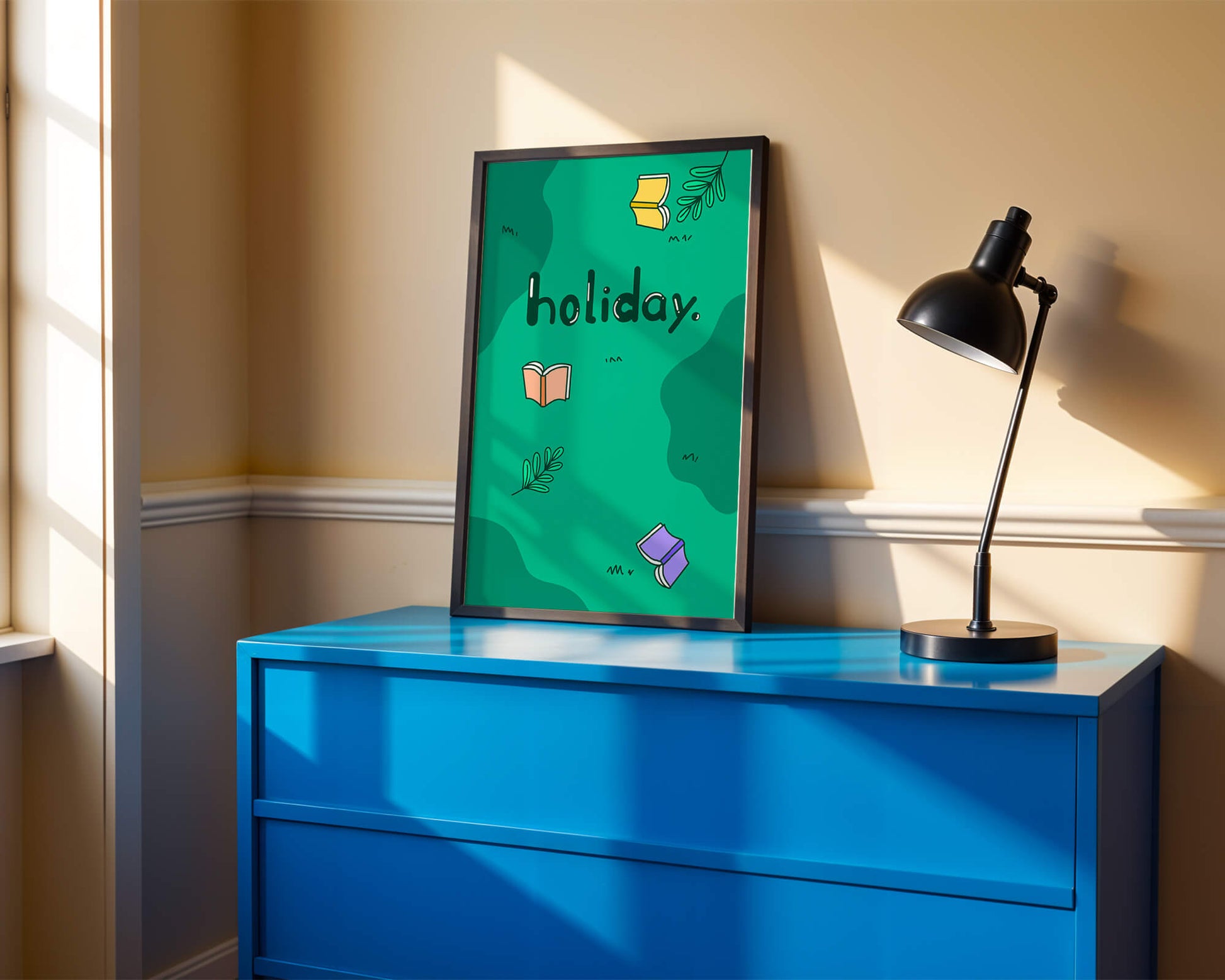Colorful holiday-themed design with books and leaves