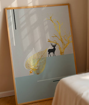 Abstract Deer with Golden Elements and Leaves on Minimalist Background