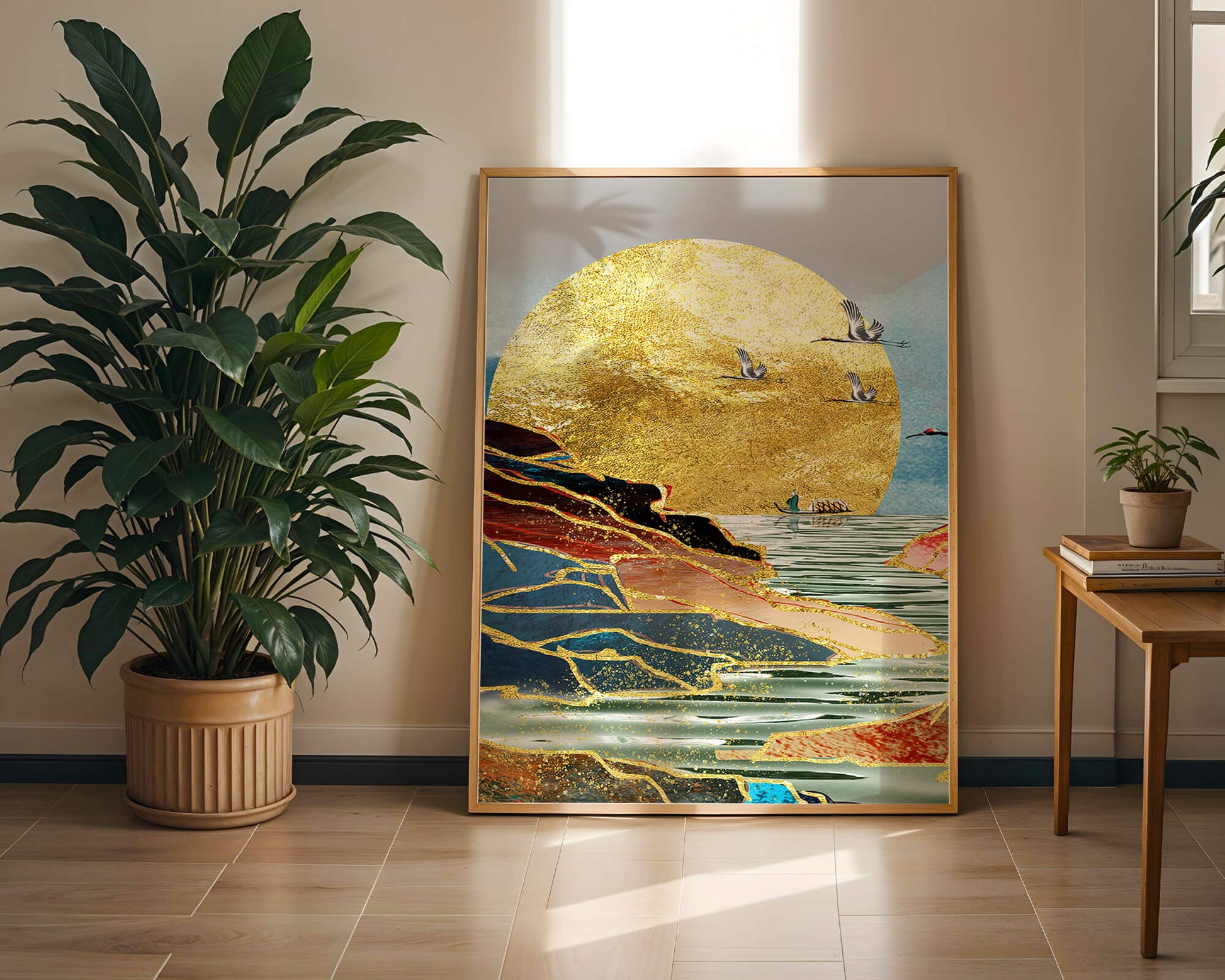 Majestic Golden Sun with Birds over Serene Landscape