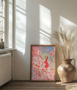 Scène printanière sereine avec des cerisiers en fleurs et une fille portant un chapeau