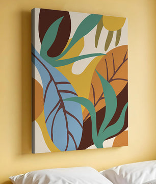 Abstract botanical design with colorful leaves and organic shapes