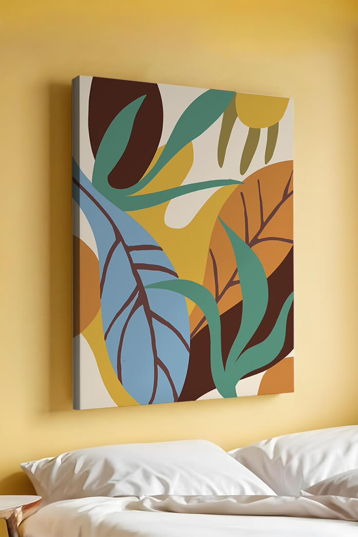 Abstract botanical design with colorful leaves and organic shapes