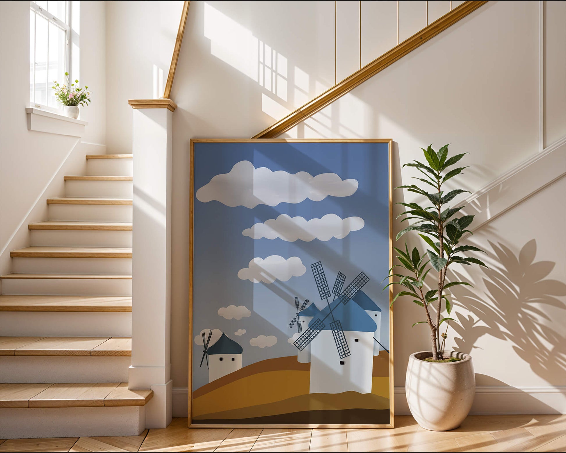 Scenic Windmills on a Sunny Day with Blue Skies and Clouds