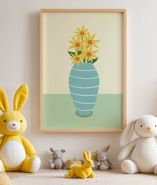 Yellow Sunflowers in a Blue Striped Vase on a Minimalist Background - Mi tienda