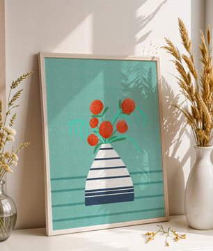Vase with Red Flowers on a Textured Blue Background - Mi tienda